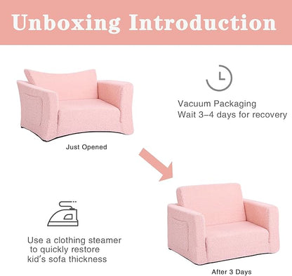 Tiita Kids Chair Couch, Folding Toddler Comfy Sofa Chairs, 2-in-1 Kids Plush Sofa Fold Out, Baby Armrest Chair Sofa to Lounger, Convertible Play Sofas to Bed for Girl or Boy, Pink
