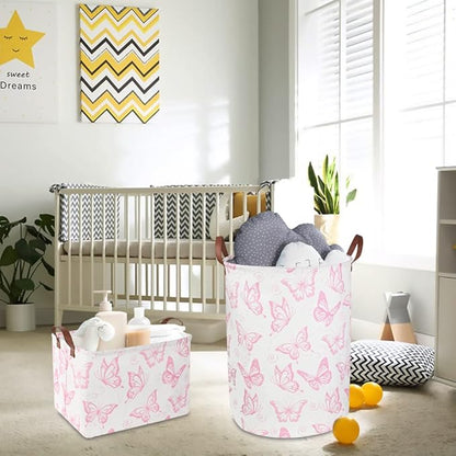 CLOCOR Pink Laundry Basket,Waterproof Nursery Hamper for Baby Girl ,Collapsible Storage Baskets for Girls Bedroom,Kids Toys Storage Bin,Room Decor,Gift Basket（Pink Butterfly