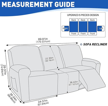 MAXIJIN Waterproof Recliner Couch Cover 5 Pieces Recliner Sofa Covers 3 Seater, Reclining Couch Furniture Protector with Elastic Straps & Pockets for Pet, Kids (Sofa Recliner, Khaki)