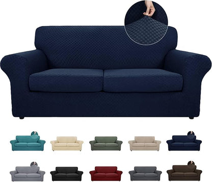MAXIJIN 3 Piece Stretch Couch Covers for 2 Cushion Couch Sofa Slipcovers with 2 Extra Large Seat Cushion Couch Jacquard Loveseat Sofa Couch Cover for Dogs (2 Cushion Sofa, Navy Blue)