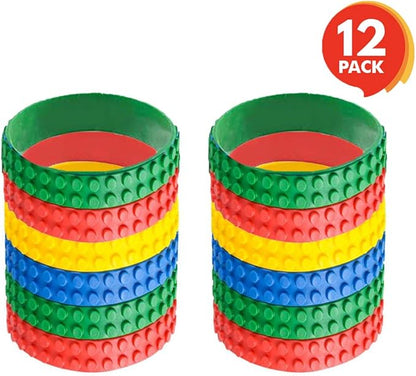 ArtCreativity 7.5 Inch Building Block Bracelets for Kids- 12 Pack- Colorful Stretchy Rubber Wristbands for Boys & Girls- Fun Birthday Party Favors for Children, Goodie Bag Fillers, Carnival Prize