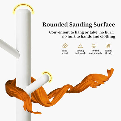 Standing Coat Rack White Coat Stand with 8 Hooks and 3 Height Options, Wood Kids Coat Tree with Sturdy Round Base, Small Hall Tree White YD-1009