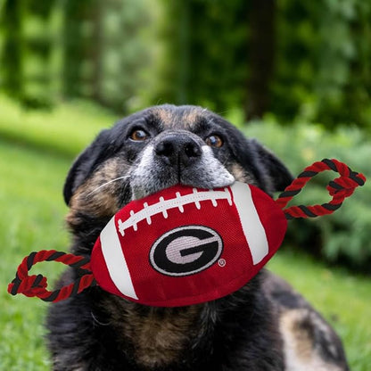 Pets First NCAA Georgia Bulldogs Football Dog Toy, Tough Quality Nylon Materials, Strong Pull Ropes, Inner Squeaker, Collegiate Team Color