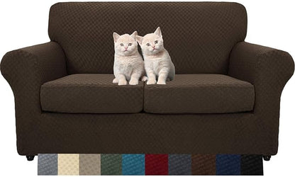 MAXIJIN 3 Piece Jacquard Couch Covers for 2 Cushion Couch Stretch Non Slip Love Seat Couch Cover for Dogs Pet Friendly Elastic Furniture Protector Loveseat Slipcovers (Loveseat, Dark Coffee)