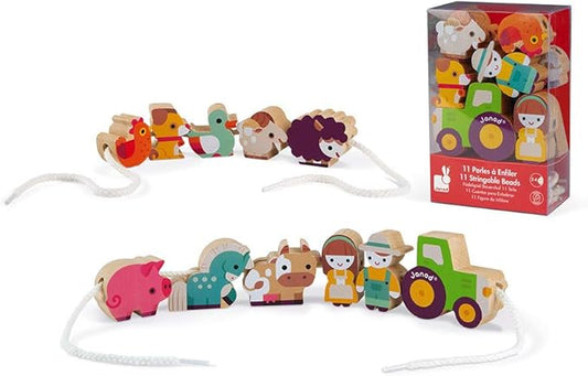 Janod Stringable Farm-Themed Wooden Beads - 11 Pieces - Ages 2+ - J05315