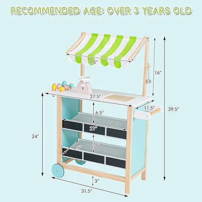 INFANS Wooden Grocery Store Marketplace Toy, Supermarket Pretend Play, Extra Storage 6 Ice Creams Scales Bells Chalkboards, Fun Indoor Farmer's Market Stand Set Gift for Ages 3+