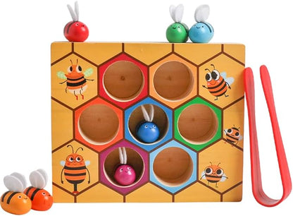 Toddler Fine Motor Skill Toy, Clamp Bee to Hive Matching Game, Montessori Wooden Bee Hive Toys, Wood Color Sorting Puzzle Early Learning Preschool Educational Gift for 2 3 4 Years Old Kids