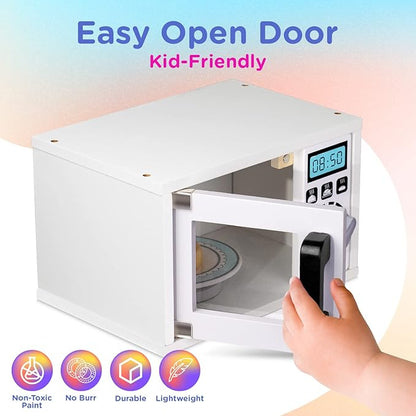 Play Brainy Pretend Toy Microwave for Kids with Rotating Turnable, 11 Pc. Set, Fun and Interactive Wooden Early Learning Kitchen Accessories Playset for Girls and Boys 3+