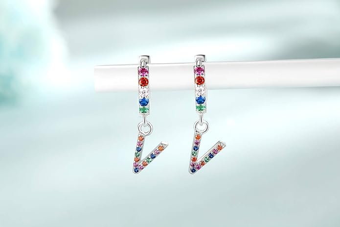 Presentski Initial Earrings 925 Sterling Silver Colorful Huggie Small Hoop Earrings Rainbow CZ Drop Dangle Simple Alphabet Earrings S925 Hypoallergenic Earring Letter A-Z for Daughter Women