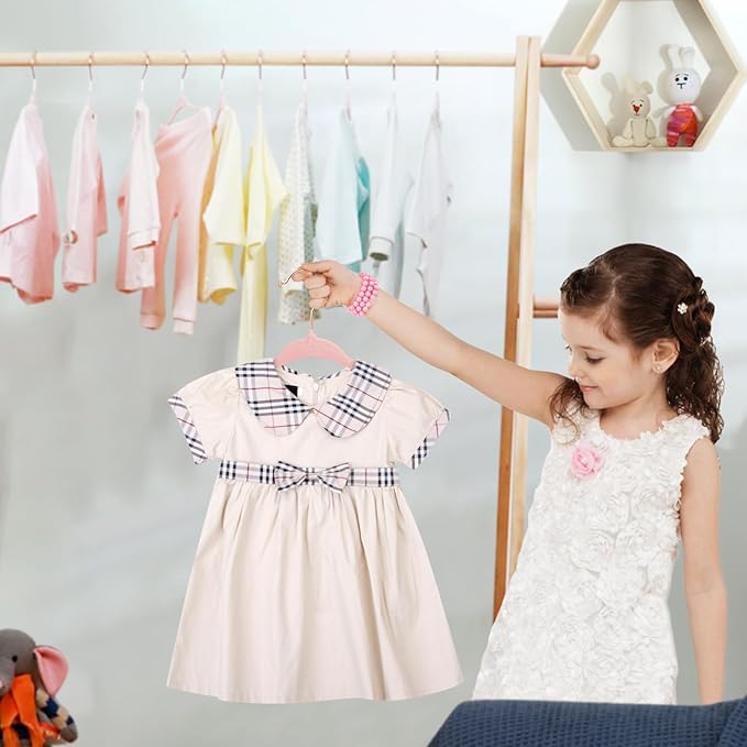 ManGotree Baby Velvet Hangers with 360° Swivel Rose Gold Hook, 10.95" Non-Slip Toddler Hangers, Ultra Thin Space Saving Infant Hangers for Kids Clothes, 15 Pack (Light Pink)