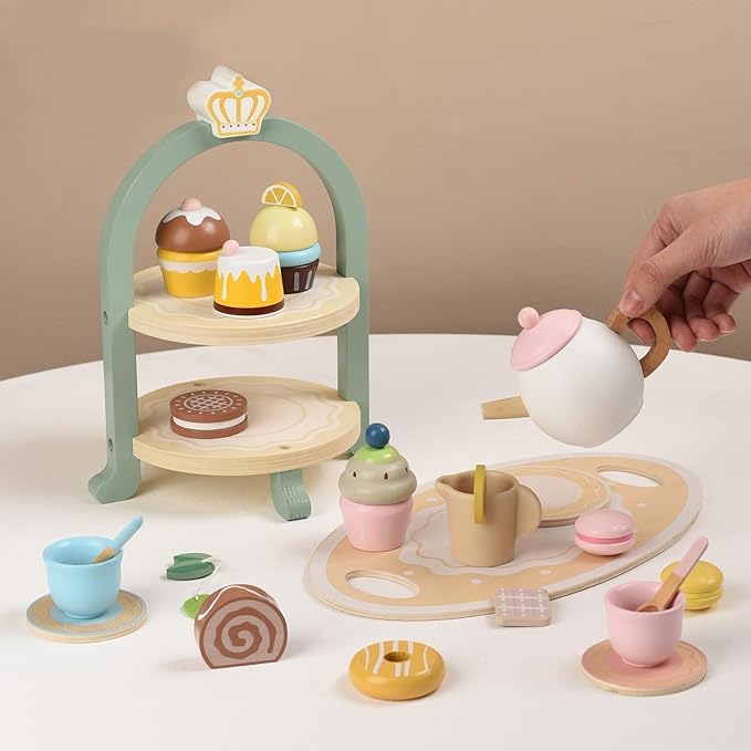 Wooden Tea Party Set for Little Girls Kids with Cupcake Stand & Dessert Food Pretend Play Afternoon Tea Toys Wood Kitchen Toy for 3 4 5 6 Year Old Toddlers Boys Birthday Gift