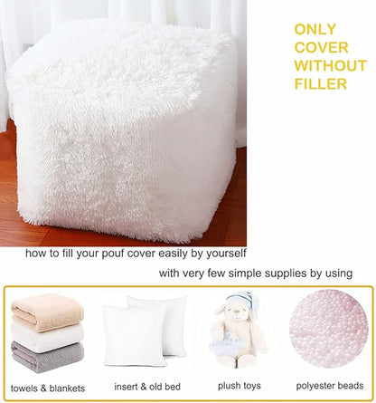 Asuprui Square Pouf Ottoman Unstuffed White 18x18x15 Inches Fuzzy Storage Bean Bag Unstuffed Pouf Ottoman Foot Rest NO Filler Ottoman Pouf for Living Room Bedroom Cover ONLY