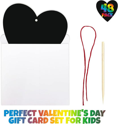 ArtCreativity 48 Pack Scratch Off Valentine Cards for Kids Classroom, Set of 48 Valentine Kids Cards Ink-Free Scratch Off Hearts with Scratch Sticks, Red String, and Envelopes, Valentines Kids Crafts