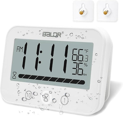 Waterproof Hanging Timer for Bathroom, Digital Kids Shower Clock with Temperature & Humidity, 99 Minutes Countdown Timer with Alarm, Water Resistant Large LCD Visual Timer, 2 Hooks Included (White)