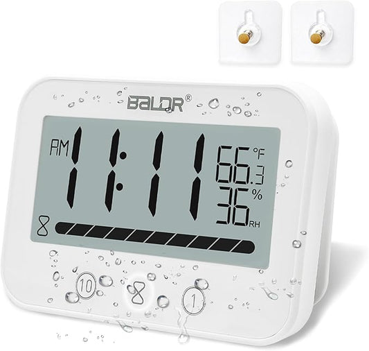 Waterproof Hanging Timer for Bathroom, Digital Kids Shower Clock with Temperature & Humidity, 99 Minutes Countdown Timer with Alarm, Water Resistant Large LCD Visual Timer, 2 Hooks Included (White)