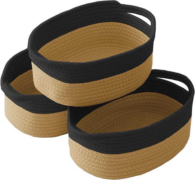 JMvicyroam Woven Basket,Small Rope Storage Bin with Handles & Ribbon Bag, Organizer for Shelves Closets,Gift Basket Empty for Birthday,Books,Dog Toys, Black&Jute/3 Pack