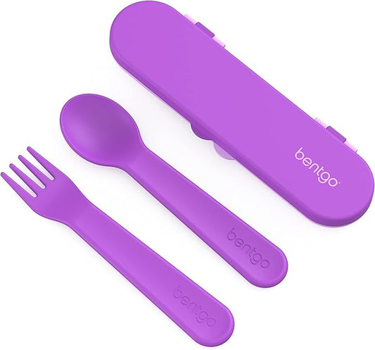 Bentgo Kids Utensil Set - Reusable Plastic Fork, Spoon & Storage Case - BPA-Free Materials, Easy-Grip Handles, Dishwasher Safe - Ideal for School Lunch, Travel, & Outdoors (Purple)