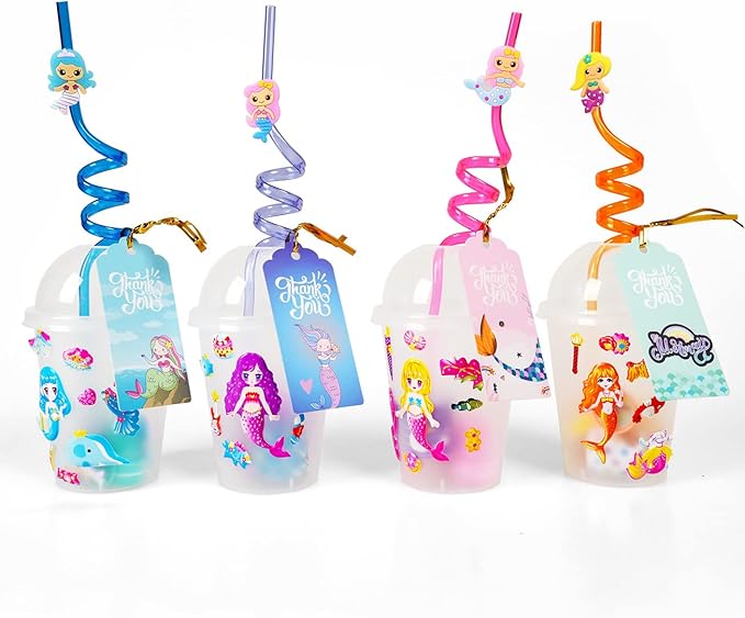 MOVINPE Mermaid Party Favors Personalize Goody Cups with Gift Tags, Filled with Mermaid Themed Reusable Straws Stampers Slap Bracelets Keychains Hair Ties Rings 3D Stickers for Girls