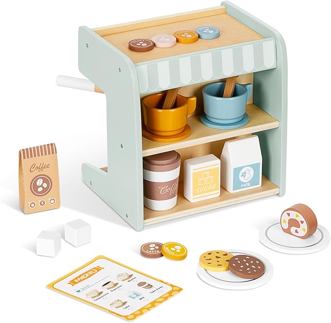 2-in-1 Kids Wooden Toy Coffee Maker Playset, Toddler Pretend Play Kitchen Food Small Coffee Shop with 28 Pcs Play Kitchen Accessories for Girls & Boys