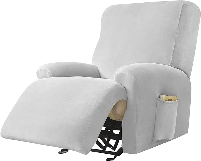 OBCREAT High Stretch Recliner Chair Cover Soft Velvet Recliner Slipcovers 4 Pieces Lazy Boy Recliner Couch Covers Plush Furniture Protector for Kids Pets (Light Grey)
