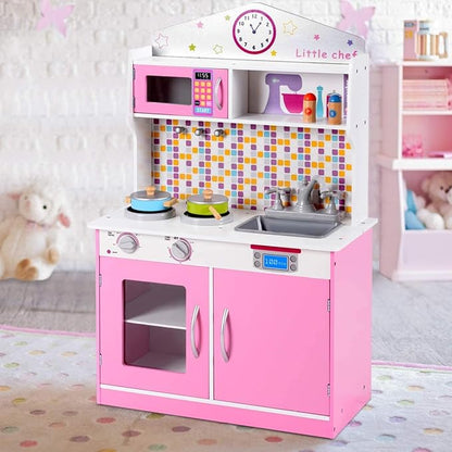 ARLIME Kids Kitchen Playset, Wooden Toy Kitchen w/ Removable Sink, Microwave, Cookware, Large Storage Cabinet, Pretend Play Kitchen for Boys Girls (Pink)