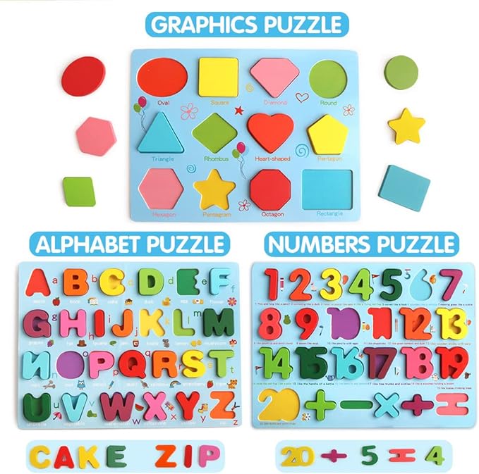 Puzzles for Toddlers, 3 Pack Wooden ABC Alphabet Number Shape Puzzles Toddler Learning Toys for Kids Boys and Girls 2-4, Preschool Educational Toys Gift for Kids Ages 1 2 3 4 5