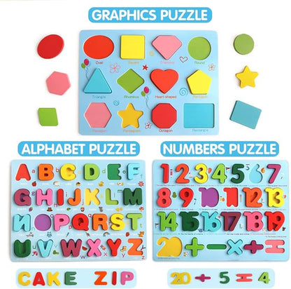 Puzzles for Toddlers, 3 Pack Wooden ABC Alphabet Number Shape Puzzles Toddler Learning Toys for Kids Boys and Girls 2-4, Preschool Educational Toys Gift for Kids Ages 1 2 3 4 5