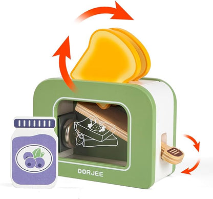 Dorjee Wooden Pop Up Toaster Set 15 Pcs Play Kitchen Playset - Play Toaster Wooden Toy Food Kids Gift Girls & Boys Toddler