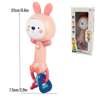 Soft Pink Bunny Baby Musical Rattle Toy - Light-Up Teether & Sensory Chew, BPA-Free Soft Rubber, Baby Shower & 1st Birthday Gift for 6-18 Months 1+ Year Old