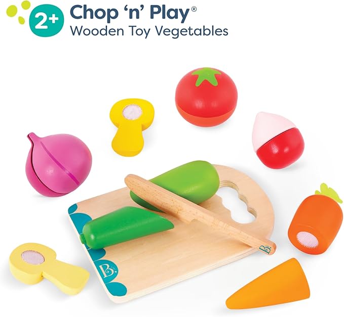 B. toys- Chop 'n' Play - Vegetables- Pretend Play Food Set – 6 Wooden Toy Vegetables to Cut – Hook-and-Loop Play Food for Toddlers, Kids – Safe Knife & Cutting Board – 2 Years +