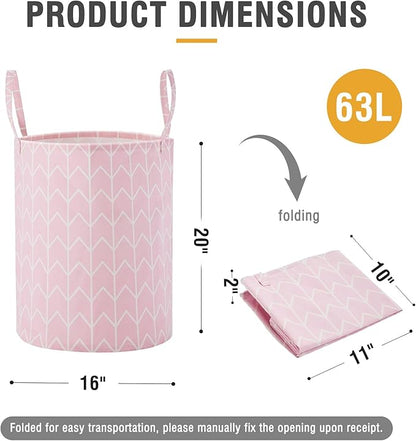 Large Storage Basket for Girls and Boys, Collapsible Laundry Hamper with Long Handles, Toy Bins for Nursery, Kids Room Décor Pink Geometry