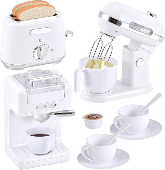 Kitchen Appliances Toys, Play Kitchen Accessories Set for Kids, Pretend Kitchen Toys with Coffee Maker, Mixer and Toaster, Play Kitchen Set for Kids (White)