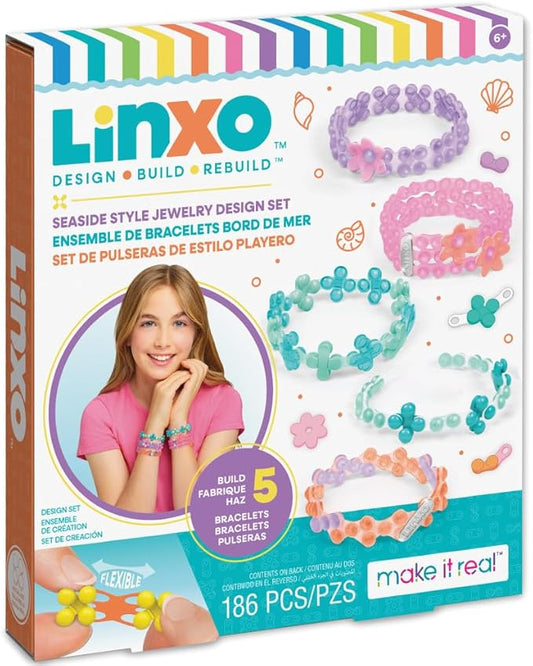 Make It Real: LinXo Seaside Jewelry Design Set - 186pcs, DIY 5 Flexible Bracelets, Design-Build-Rebuild, Craft Activity Kit, Girls & Kids Ages 6+
