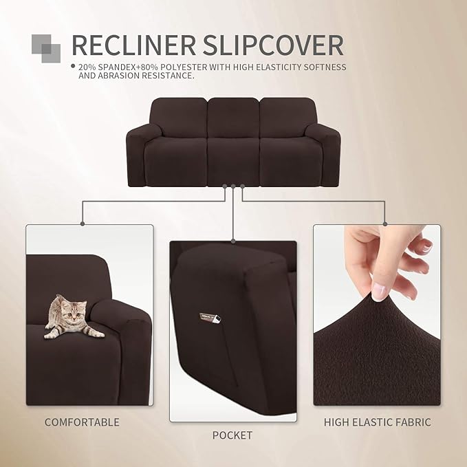 Easy-Going 8 Pieces Microfiber Stretch Sectional Recliner Sofa Slipcover Soft Fitted Fleece 3 Seats Couch Cover Washable Furniture Protector with Elasticity for Kids Pet(Recliner Sofa, Chocolate)