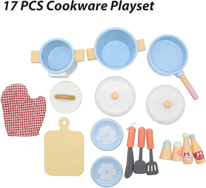 Play Kitchen Accessories, Wooden Play Set Cooking Toys, 17 Pieces Play Cookware Pots and Pans Set, Cooking Simulation Montessori Educational Toys, Christmas Birthday Gifts for Kids Girls Boys 3-7