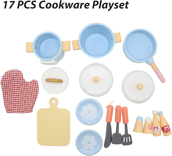 Play Kitchen Accessories, Wooden Play Set Cooking Toys, 17 Pieces Play Cookware Pots and Pans Set, Cooking Simulation Montessori Educational Toys, Christmas Birthday Gifts for Kids Girls Boys 3-7