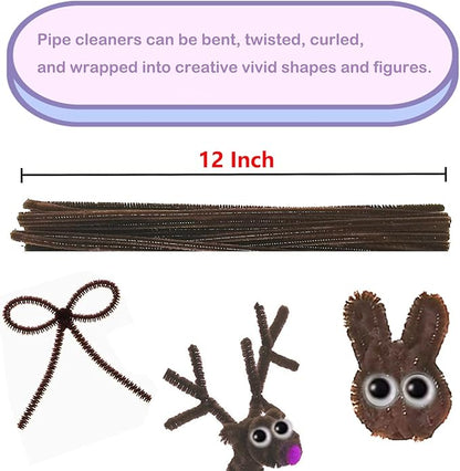 Cldamecy 100 pcs Brown Pipe Cleaners with 20 pcs Googly Eyes,Chenille Stems for Craft Project,Craft Pipe Cleaners for DIY Projects,Arts and Holiday Decoration