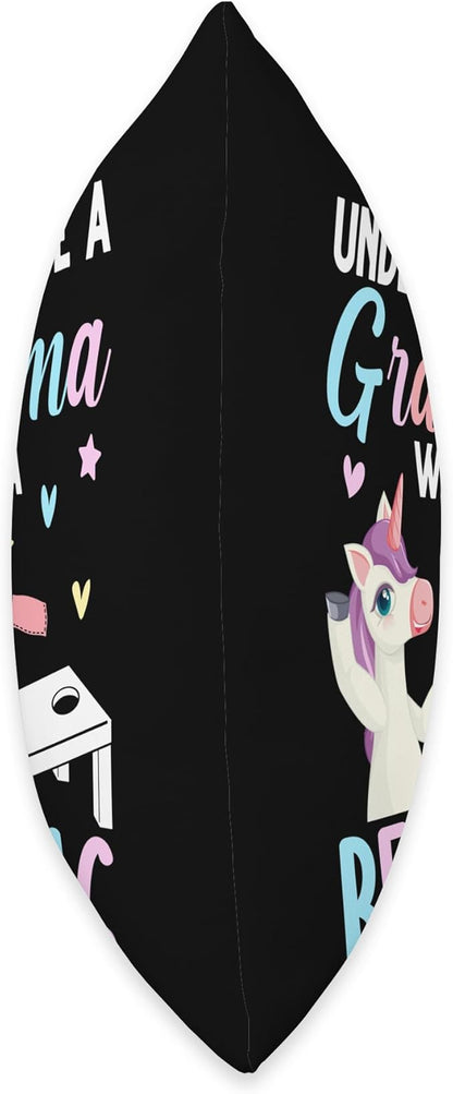 A Grandma with A Bean Bag Female Cornhole Player Corn Hole Throw Pillow, 18x18, Multicolor