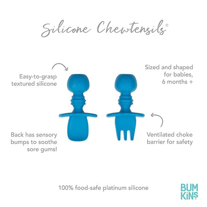 Bumkins Baby Utensils Set, Chewtensils Silicone Spoons for Dipping, Self-Feeding, Baby Led Weaning, Trainer Learning, First Stage Eating, Soft Practice Fork and Spoon, Babies 6 Months, Dark Blue