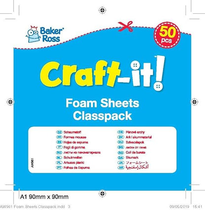 Baker Ross AW961 Foam Sheets Classpack - Pack of 50, Class Pack of Craft Pages for Kids Arts and Craft Activities, Great for Cutting, Gluing or Sewing!