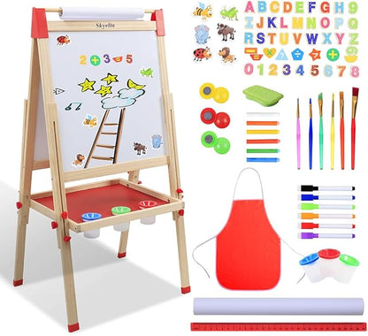 Art Easel for Kids Ages 4-8 9-12,Double Sided Wooden Kids Easel Drawing Board with Magnetic Chalkboard,3-Level Height Adjustable,100+ Accessories,Gift & Art Supplies for Kids
