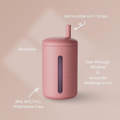 Silicone Straw Cup, 200ml Trainer Cup Toddler Training Straw Cup for Boys and Girls, Unbreakable, 100% Food Grade Silicone (Blush/Mauve)
