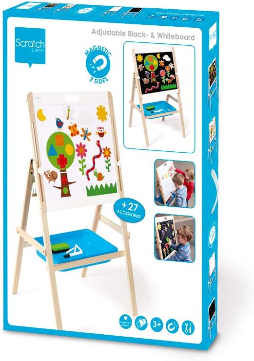 Adjustable Wooden Easel by Scratch Europe – 2-in-1 Chalkboard and Dry Erase Magnet Set for Kids – Paint, Color and Draw – Encourages Imaginative and Developmental Play – Engaging Learning – Ages 3+