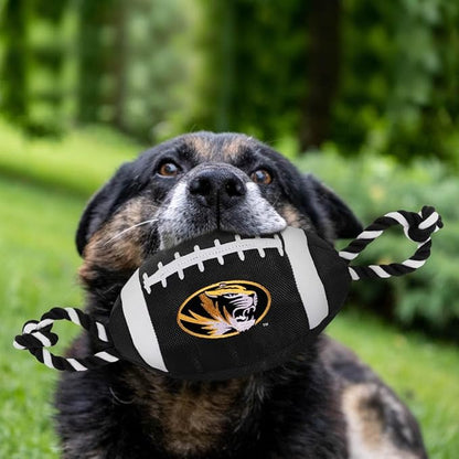 Pets First NCAA Missouri Tigers Nylon Football Dog Toy Tough Quality Nylon Materials, Strong Pull Ropes, Inner Squeaker, Collegiate Team Color