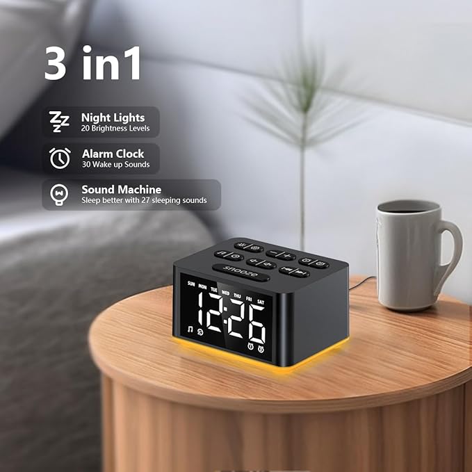 Small Sunrise Digital Alarm Clock Desk Bedroom Bedside Clocks with 2 Alarm Settings Snooze & Wake Up Light Sound White Noise Machine 27 Sleep Nature Sounds Ideal Gift for Kids Adults Heavy Sleepers