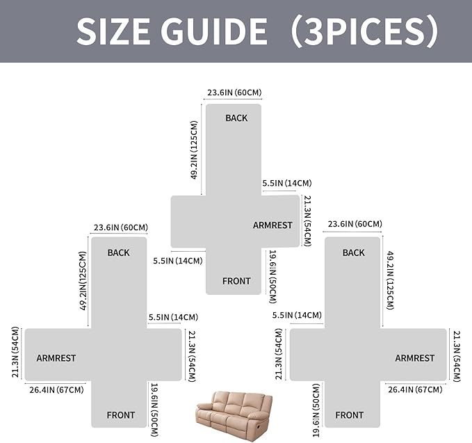 Easehomey Waterproof Recliner Sofa Cover,Non-Slip Reclining Sofa Covers for 3 Seat,Washable Reclining Sofa Cover Furniture Protector with Elastic Straps Pocket for Kids, Pets(Light Gray,3Seat)