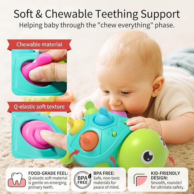 3-in-1 Musical Crawling Turtle Baby Toy - Tummy Time Toy with Smart Obstacle Avoidance, Push-and-Pop Sensory Shell & Sleep Soothing, Baby Infant Toys for 0-12 Months