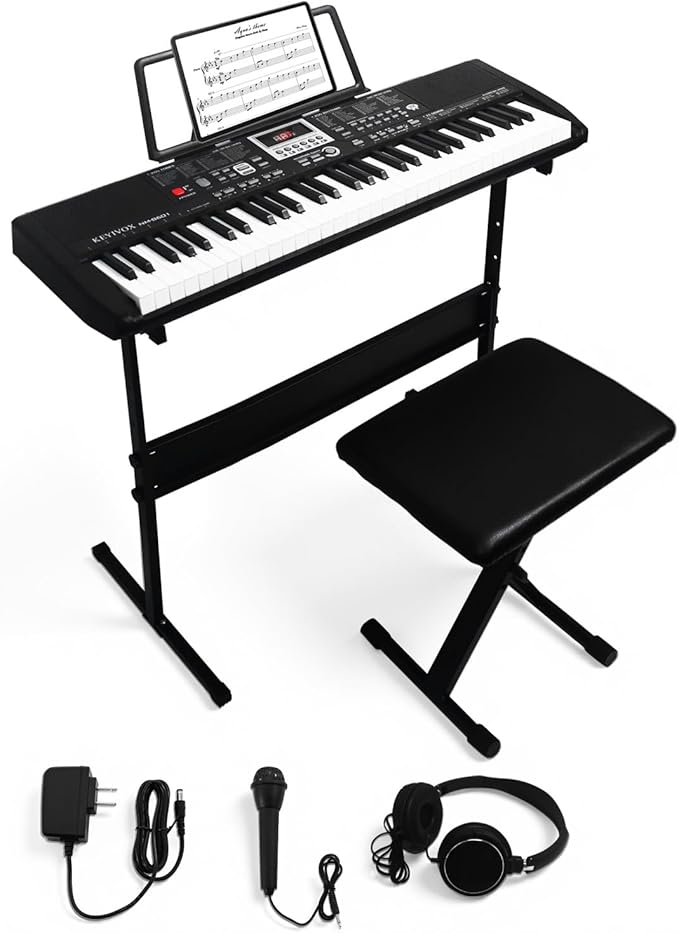 61 Key Electronic Keyboard Piano for Beginners, 200 Tones & Rhythms, with H Stand, Stool, Headphones, Microphone, Piano Note Stickers