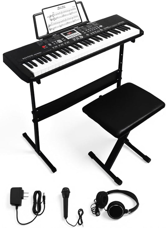 61 Key Electronic Keyboard Piano for Beginners, 200 Tones & Rhythms, with H Stand, Stool, Headphones, Microphone, Piano Note Stickers