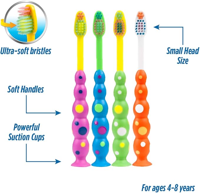 Kids Healthy Fun Suction Cup Soft Toothbrushes, 4 Count Twin Pack